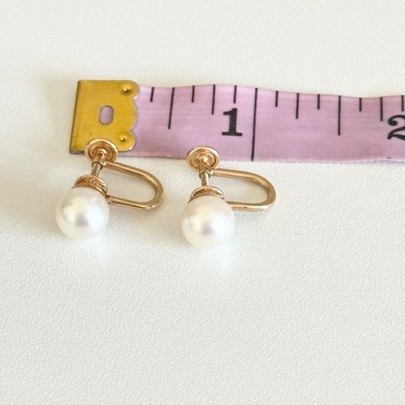 14K Solid Yellow Gold Genuine 7.5MM Pearl Vintage Screw Back Ladies Earrings - Picture 5 of 9